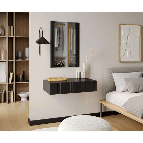 Vegghengt sminkebord med speil ISLA - 80x40 cm - svart matt - 1 skuff