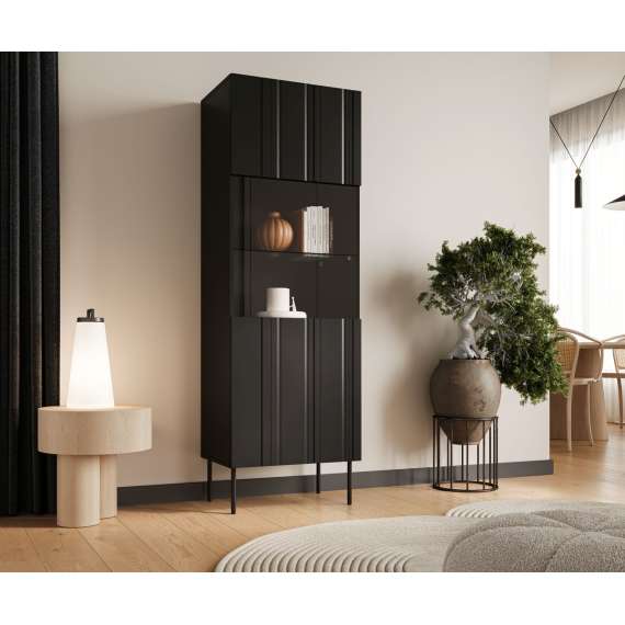 Vitrineskap ISLA - 60x180 cm - svart matt - 1 dør - metall bein