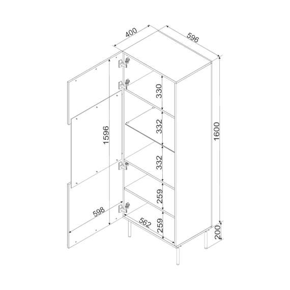 Vitrineskap ISLA - 60x180 cm - svart matt - 1 dør - metall bein