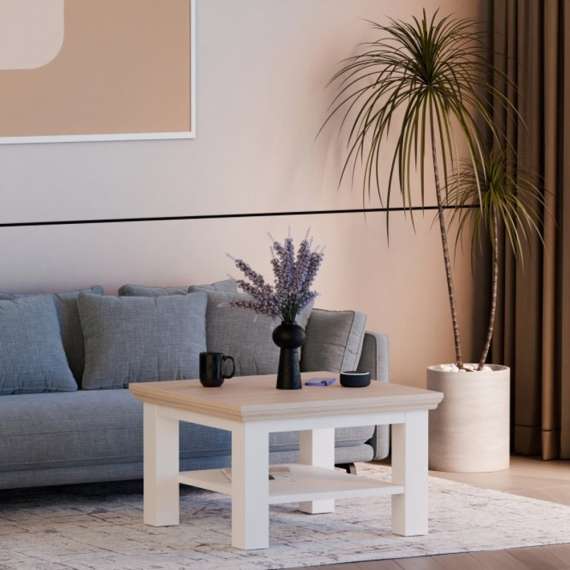 Sofabord PONTY - 70x70 cm - hvit matt - eik riva