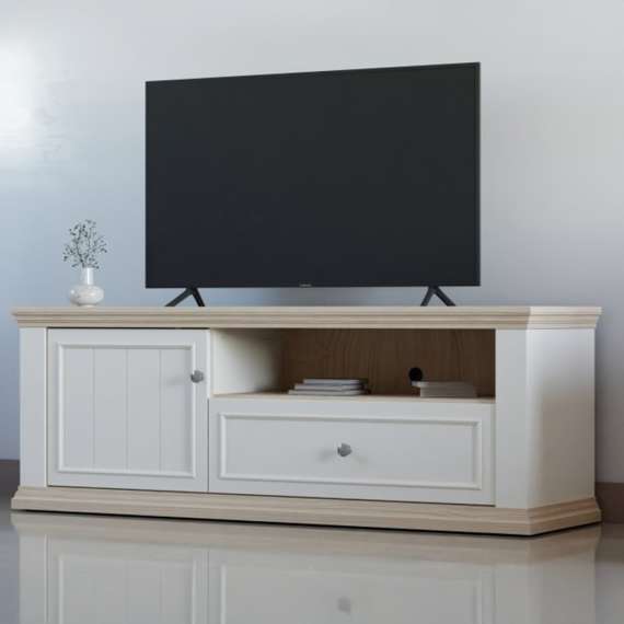 Tv-benk PONTY - 150x54 cm - 1 dør - 1 skuff - hvit matt - eik riva