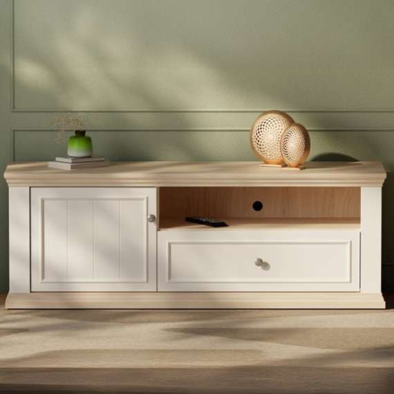 Tv-benk PONTY - 150x54 cm - 1 dør - 1 skuff - hvit matt - eik riva