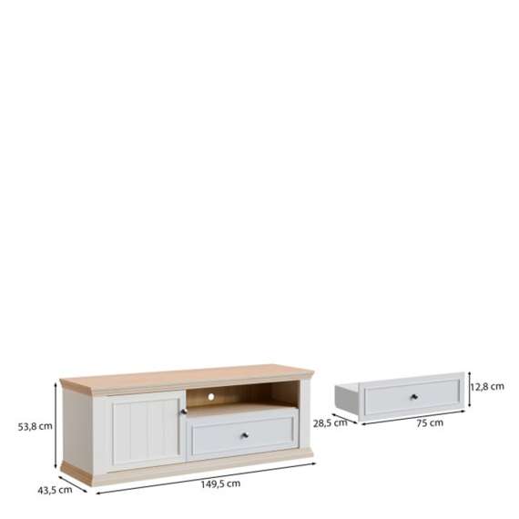 Tv-benk PONTY - 150x54 cm - 1 dør - 1 skuff - hvit matt - eik riva