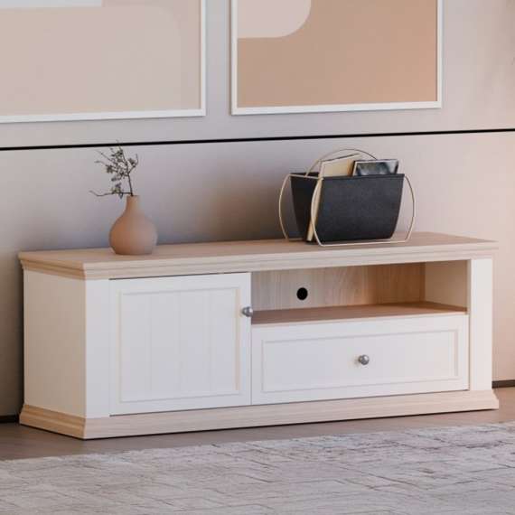 Tv-benk PONTY - 150x54 cm - 1 dør - 1 skuff - hvit matt - eik riva