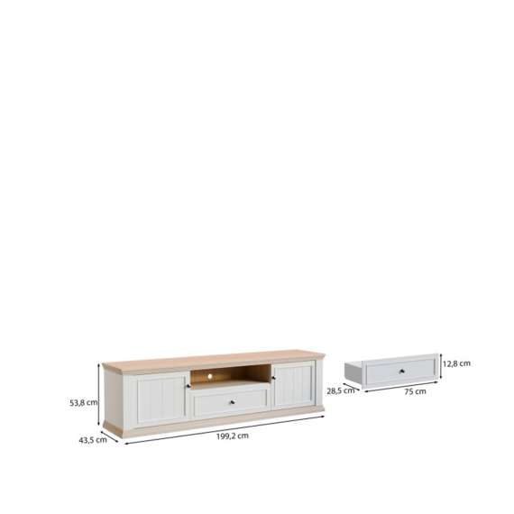 Tv-benk PONTY - 200x54 cm - 2 dører - 1 skuff - hvit matt - eik riva