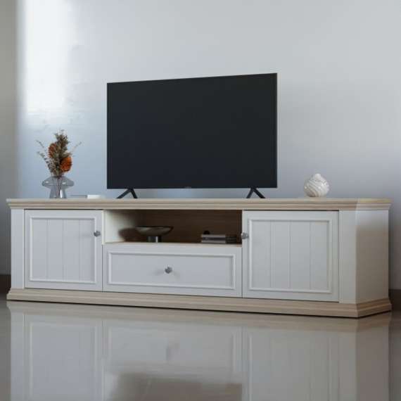 Tv-benk PONTY - 200x54 cm - 2 dører - 1 skuff - hvit matt - eik riva