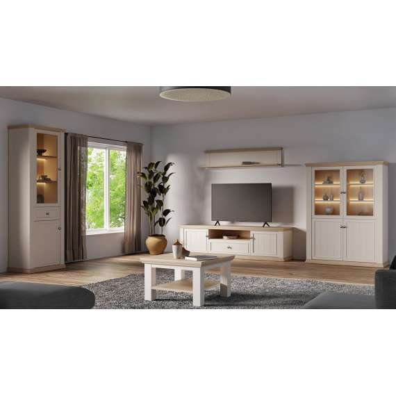Tv-benk PONTY - 200x54 cm - 2 dører - 1 skuff - hvit matt - eik riva