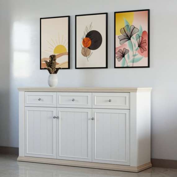 Skjenk PONTY - 170x95 cm - 3 dører - 3 skuffer - hvit matt - eik riva