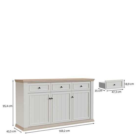 Skjenk PONTY - 170x95 cm - 3 dører - 3 skuffer - hvit matt - eik riva