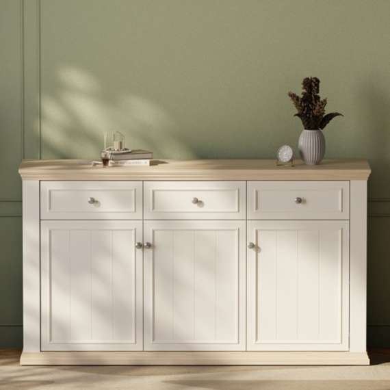 Skjenk PONTY - 170x95 cm - 3 dører - 3 skuffer - hvit matt - eik riva