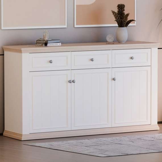 Skjenk PONTY - 170x95 cm - 3 dører - 3 skuffer - hvit matt - eik riva