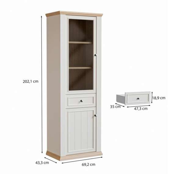 Vitrineskap PONTY - 69x202 cm - 2 dører - hvit matt - eik riva