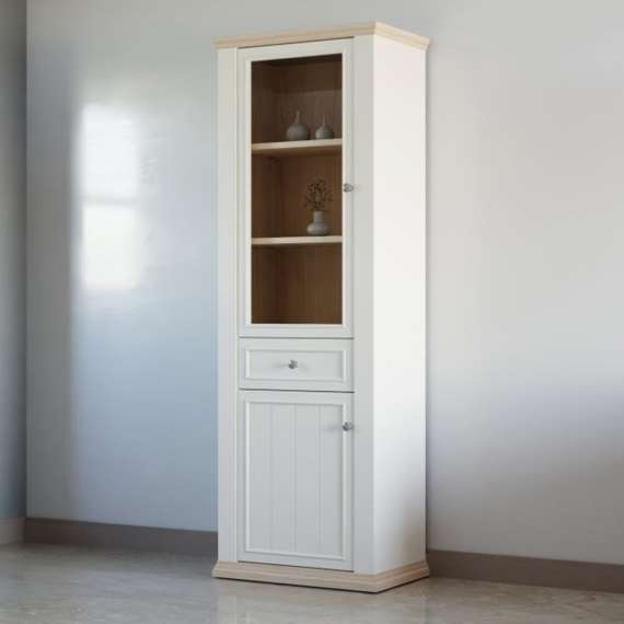 Vitrineskap PONTY - 69x202 cm - 2 dører - hvit matt - eik riva