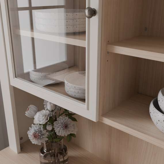 Vitrineskap PONTY - 69x202 cm - 2 dører - hvit matt - eik riva