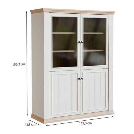 Vitrineskap PONTY - 120x156 cm - 3 dører - 3 skuffer - hvit matt - eik riva