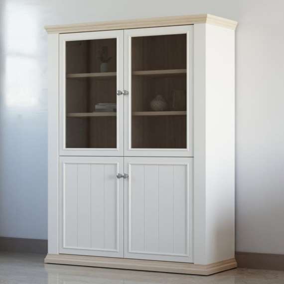 Vitrineskap PONTY - 120x156 cm - 3 dører - 3 skuffer - hvit matt - eik riva