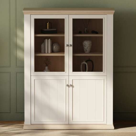 Vitrineskap PONTY - 120x156 cm - 3 dører - 3 skuffer - hvit matt - eik riva