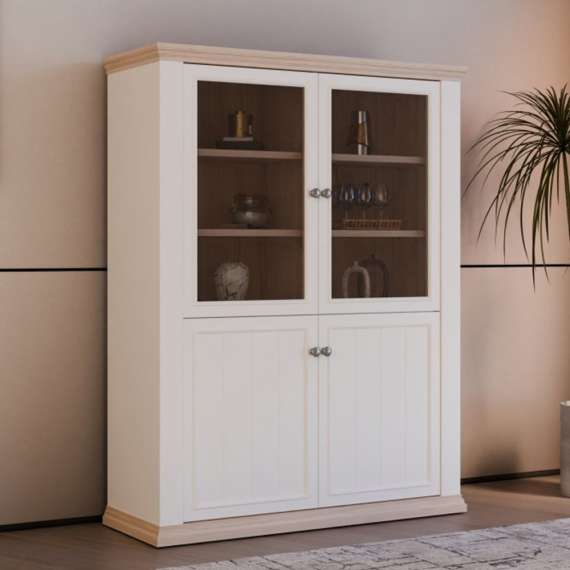 Vitrineskap PONTY - 120x156 cm - 3 dører - 3 skuffer - hvit matt - eik riva