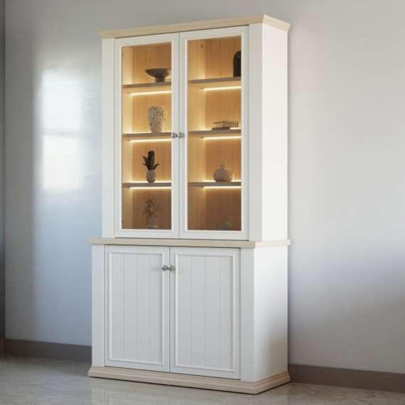 Vitrineskap PONTY - 109x202 cm - 4 dører - hvit matt - eik riva