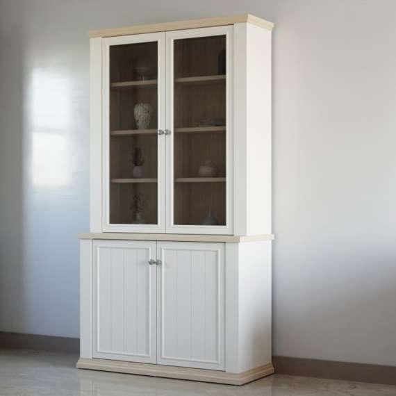 Vitrineskap PONTY - 109x202 cm - 4 dører - hvit matt - eik riva