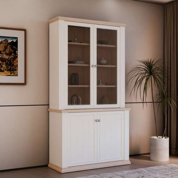 Vitrineskap PONTY - 109x202 cm - 4 dører - hvit matt - eik riva