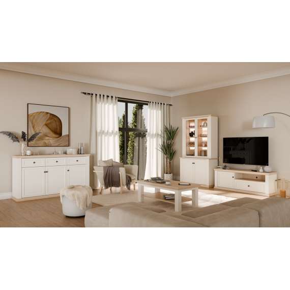 Vitrineskap PONTY - 109x202 cm - 4 dører - hvit matt - eik riva