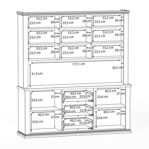 Vitrineskap PONTY - 184x202 cm - 4 dører - 3 skuffer - hvit matt - eik riva