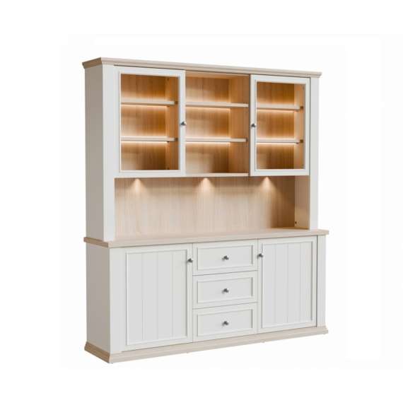 Vitrineskap PONTY - 184x202 cm - 4 dører - 3 skuffer - hvit matt - eik riva