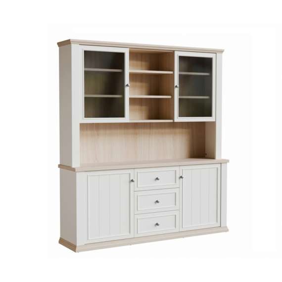 Vitrineskap PONTY - 184x202 cm - 4 dører - 3 skuffer - hvit matt - eik riva