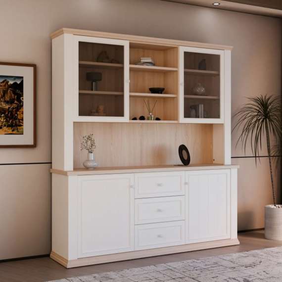 Vitrineskap PONTY - 184x202 cm - 4 dører - 3 skuffer - hvit matt - eik riva