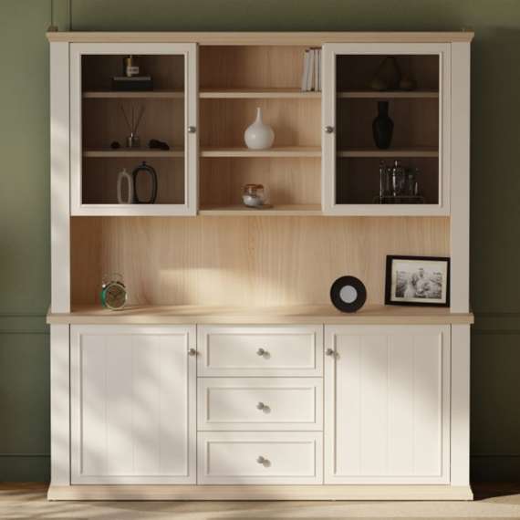 Vitrineskap PONTY - 184x202 cm - 4 dører - 3 skuffer - hvit matt - eik riva