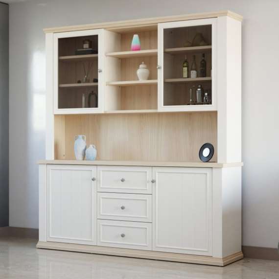 Vitrineskap PONTY - 184x202 cm - 4 dører - 3 skuffer - hvit matt - eik riva