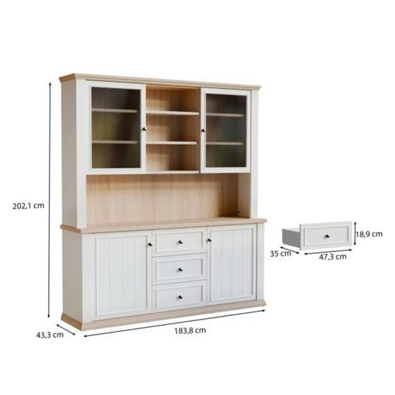 Vitrineskap PONTY - 184x202 cm - 4 dører - 3 skuffer - hvit matt - eik riva