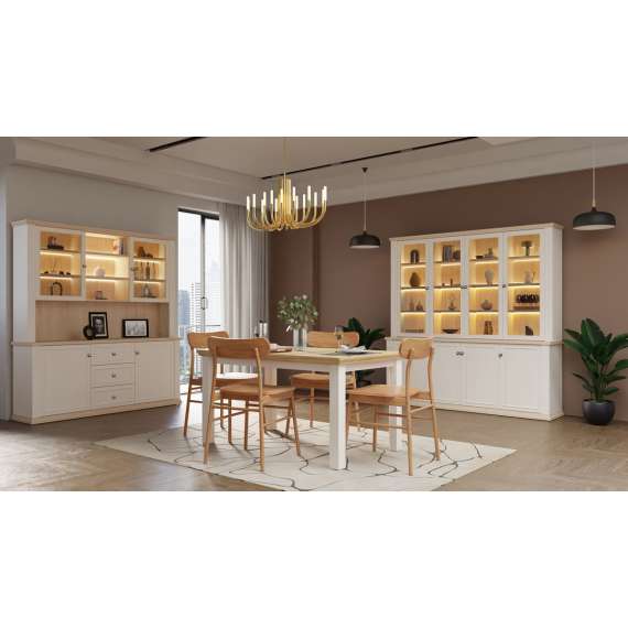 Vitrineskap PONTY - 184x202 cm - 4 dører - 3 skuffer - hvit matt - eik riva