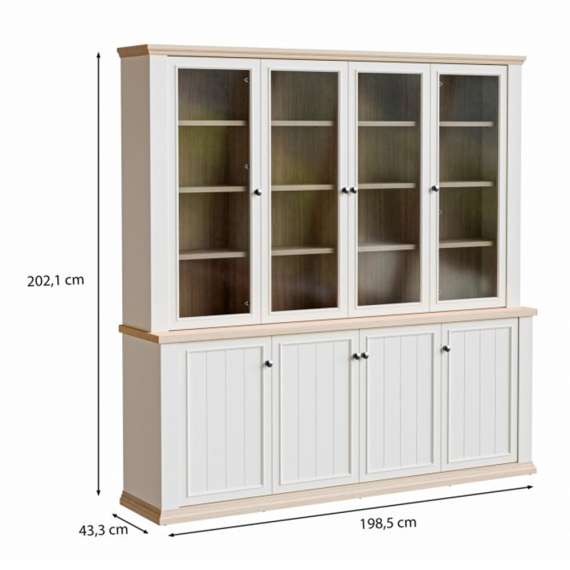Vitrineskap PONTY - 198x202 cm - 8 dører - hvit matt - eik riva