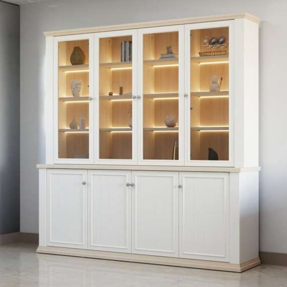 Vitrineskap PONTY - 198x202 cm - 8 dører - hvit matt - eik riva