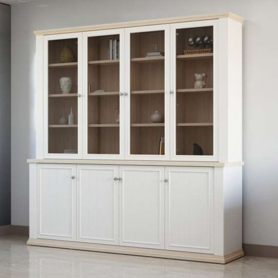 Vitrineskap PONTY - 198x202 cm - 8 dører - hvit matt - eik riva