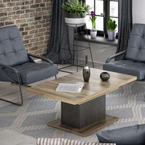 Sofabord RICCIANO - 120-160x70 cm - mørk betong - stav eik