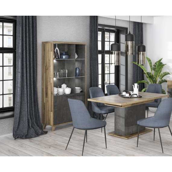 Sofabord RICCIANO - 120-160x70 cm - mørk betong - stav eik