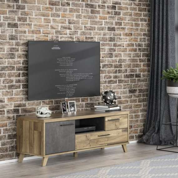 Tv-benk RICCIANO - 155x57 cm - 1 dør - 2 skuffer - mørk betong - stav eik