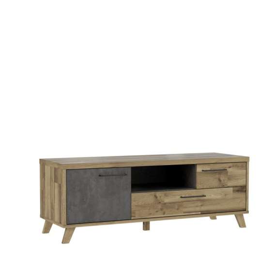 Tv-benk RICCIANO - 155x57 cm - 1 dør - 2 skuffer - mørk betong - stav eik