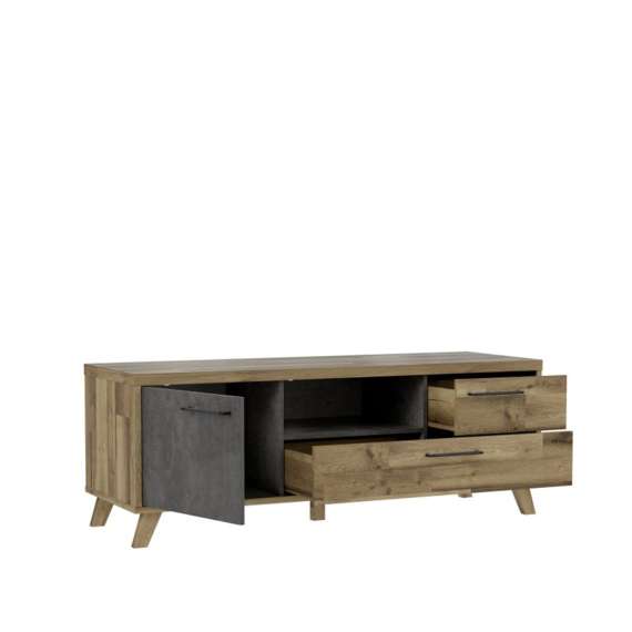 Tv-benk RICCIANO - 155x57 cm - 1 dør - 2 skuffer - mørk betong - stav eik