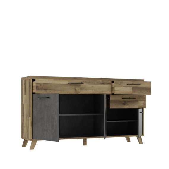 Skjenk RICCIANO - 174x95 cm - 3 dører - 3 skuffer - mørk betong - stav eik