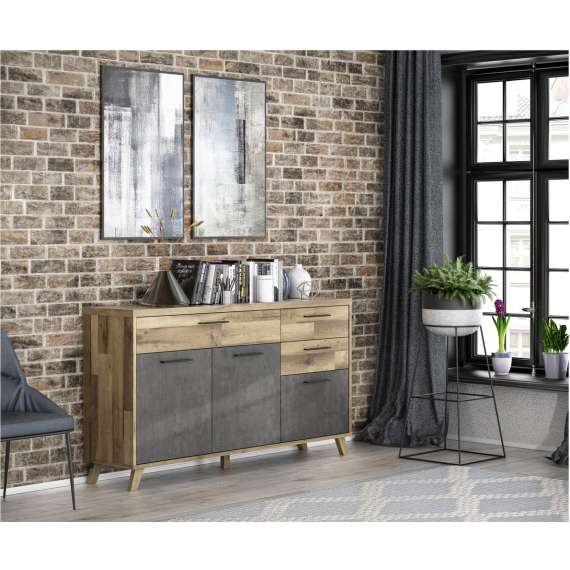 Skjenk RICCIANO - 174x95 cm - 3 dører - 3 skuffer - mørk betong - stav eik