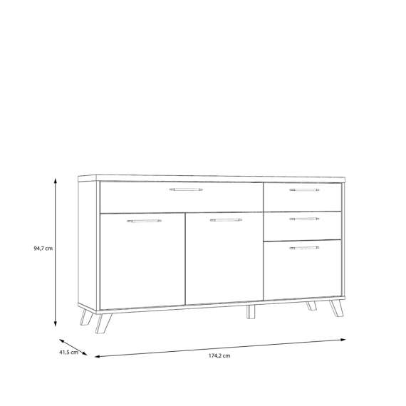 Skjenk RICCIANO - 174x95 cm - 3 dører - 3 skuffer - mørk betong - stav eik