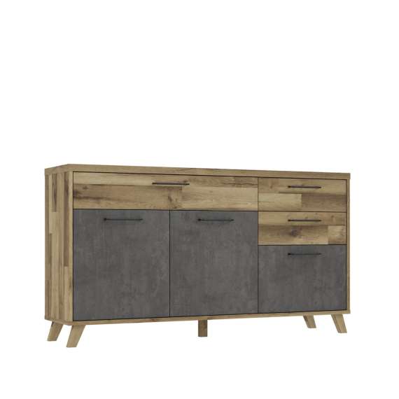 Skjenk RICCIANO - 174x95 cm - 3 dører - 3 skuffer - mørk betong - stav eik