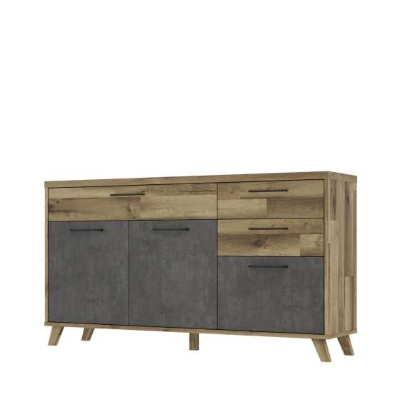 Skjenk RICCIANO - 174x95 cm - 3 dører - 3 skuffer - mørk betong - stav eik