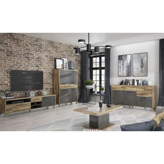 Skjenk RICCIANO - 174x95 cm - 3 dører - 3 skuffer - mørk betong - stav eik