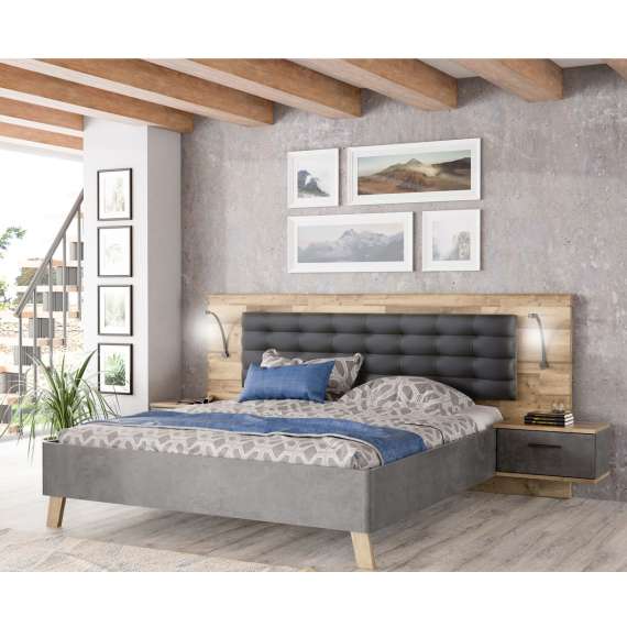 Seng RICCIANO med nattbord 160x200 cm - mørk betong - stav eik