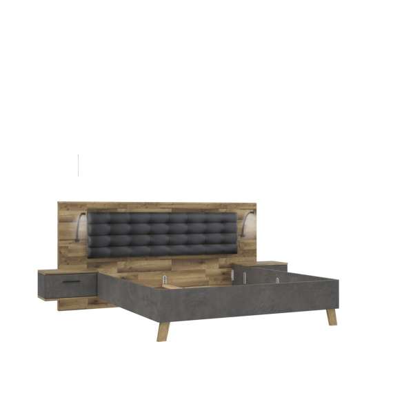 Seng RICCIANO med nattbord 160x200 cm - mørk betong - stav eik
